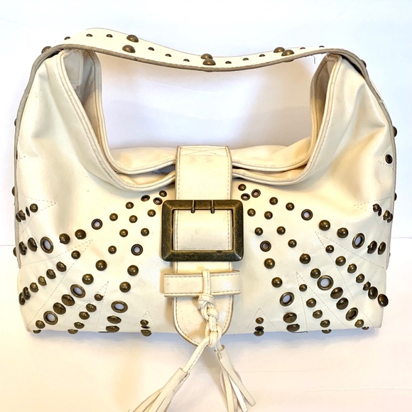 Cream Satchel with Brass Studs and Tassel Buckle Clasp - Picture 1 of 12